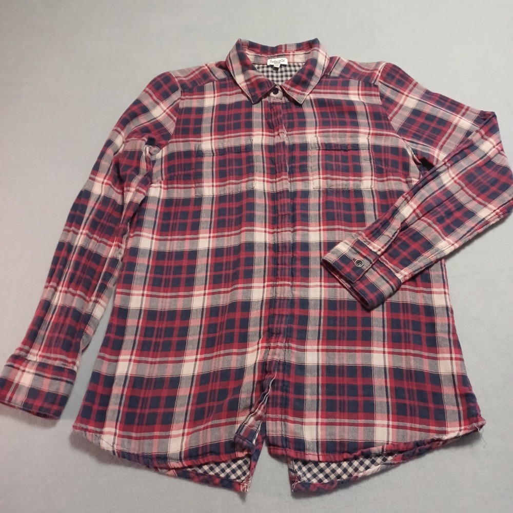 Splendid Womens‎ Red Navy Blue Plaid Split Back Button Down Shirt Size Medium